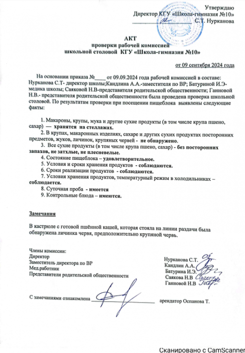 Акт проверки рабочей комиссией школьной столовой